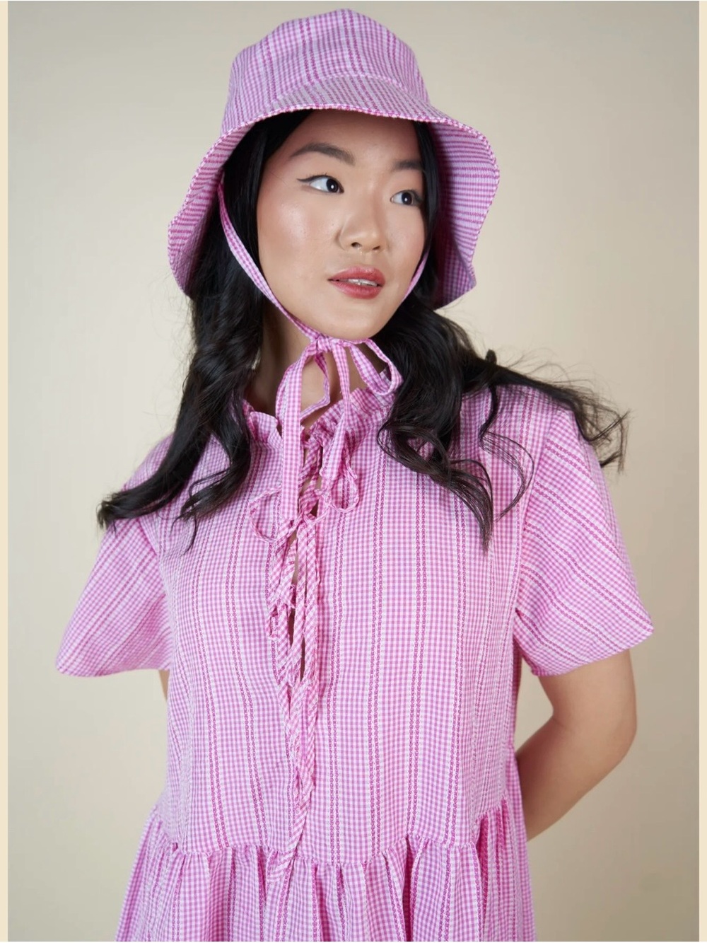 Tamara Malas Pink & White Gingham Bonnie Sun Hat Bucket Coquette Cottage